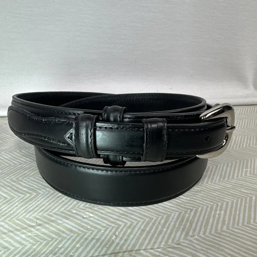 Top Grain Leather Belt Mens 36 Black‎ Silver Buckle Smooth Over Under
